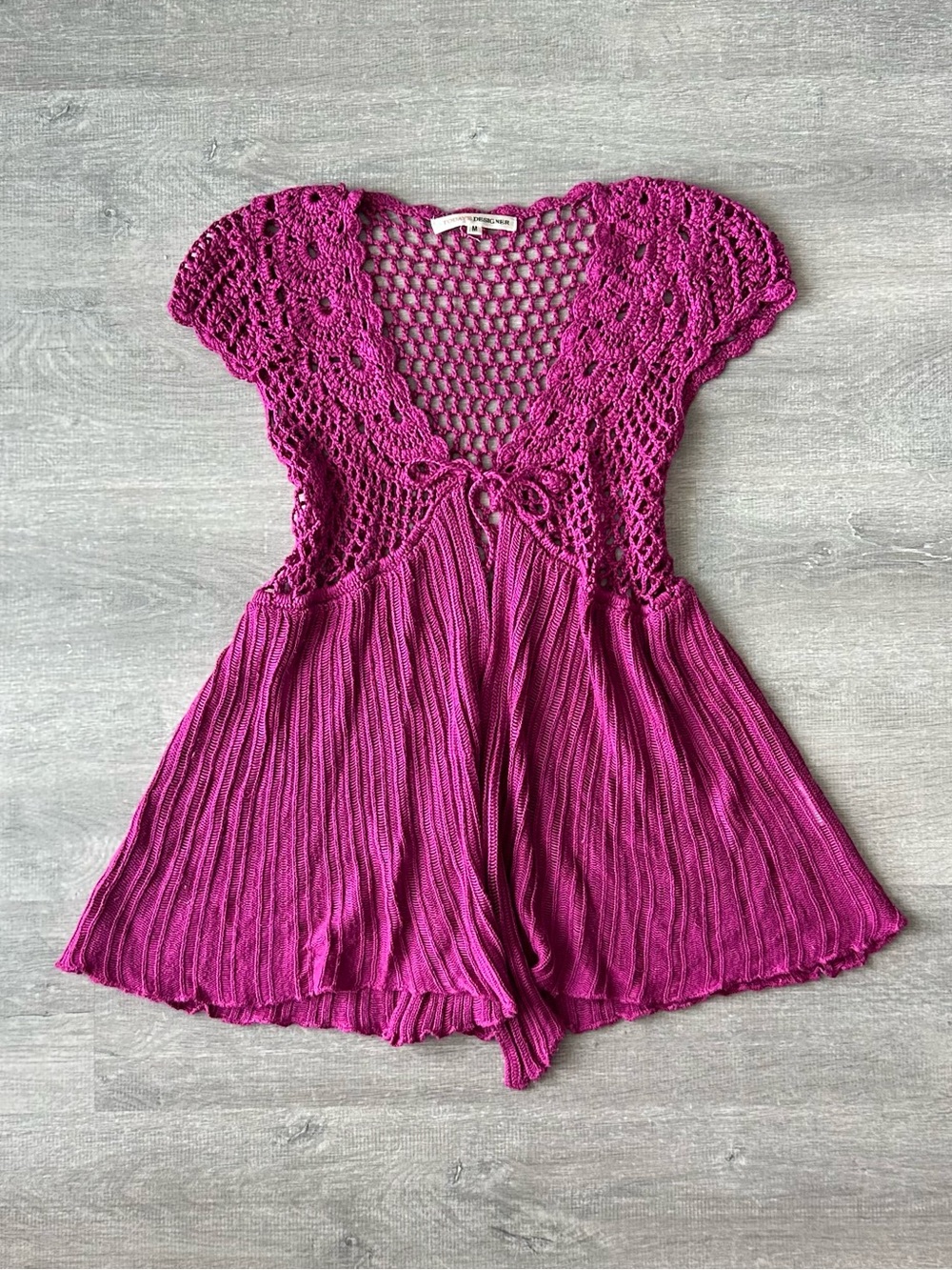 Y2K Today's Designer magenta crochet babydoll open knit tie front shrug top
